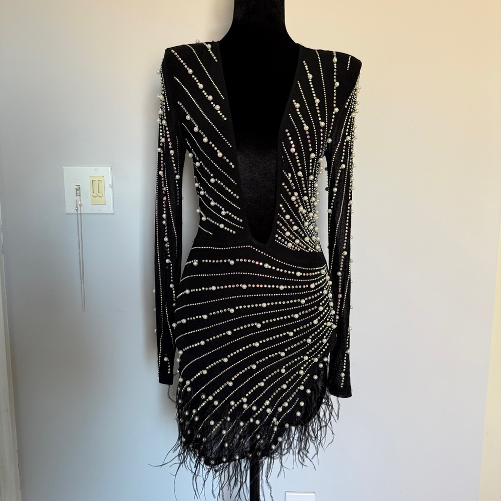 Black Embellished Deep V Mini Dress - Picture 2 of 14